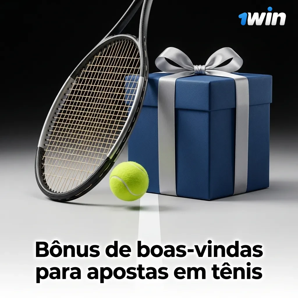 Banner de bônus de boas-vindas para novos usuários apostarem em partidas de tênis, com destaque para raquete e bola de tênis