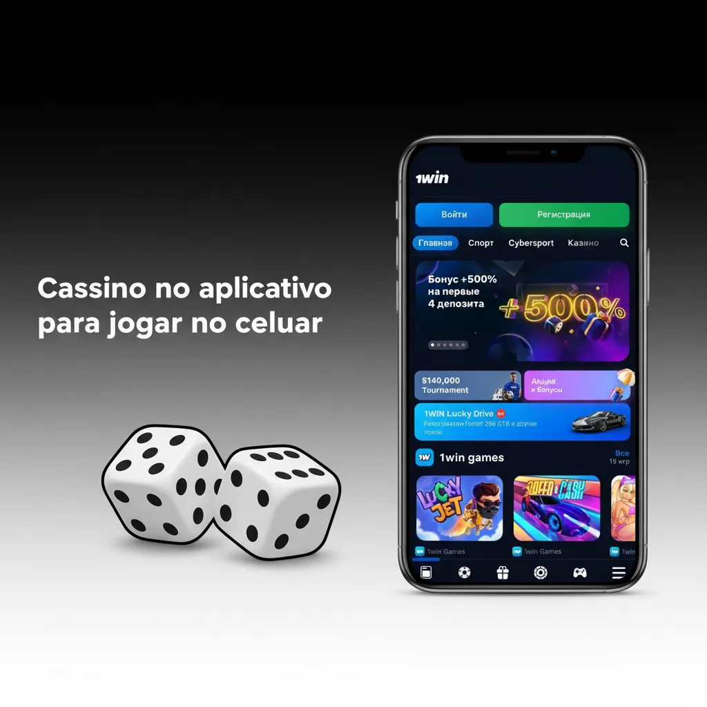 Tela inicial do cassino no app móvel com destaques, troca entre esportes e jogos, slots, mesas e cassino ao vivo.