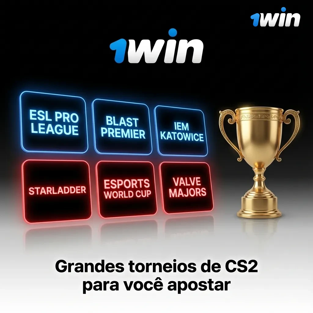 Banner de apostas em grandes torneios de CS2, com logos de campeonatos e destaque para 1win Brasil