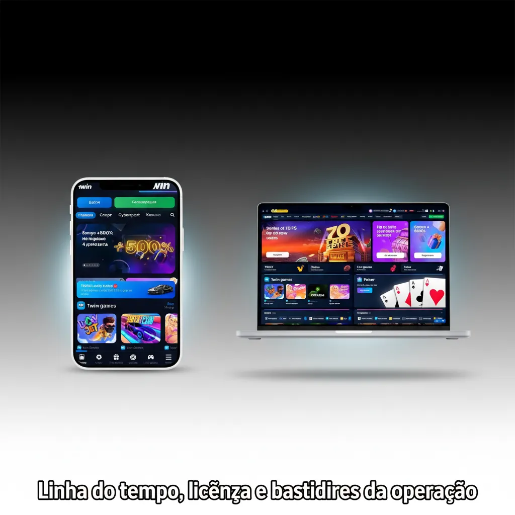 Infográfico com linha do tempo da 1win: lançamento 2018, licença Curaçao, hubs europeus, gestão executiva e promoções.