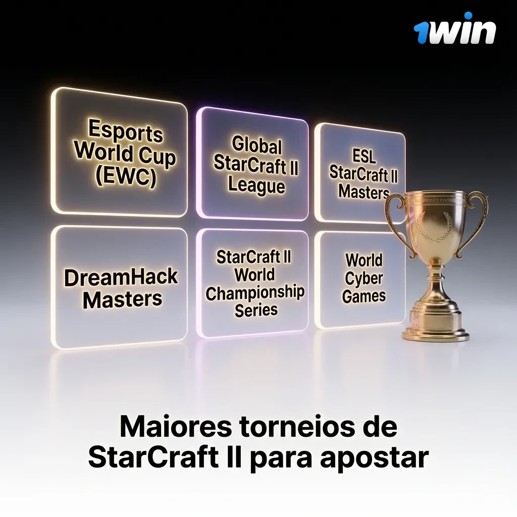 Banner de apostas em StarCraft II na 1win com logos de grandes torneios e jogadores profissionais em ação na tela