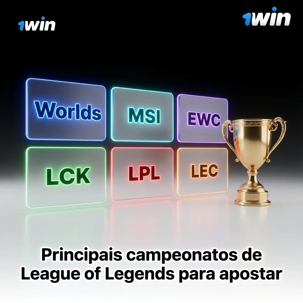 Banner de apostas em League of Legends destacando Worlds, MSI, EWC, CBLOL, LCK, LPL e LEC na 1win