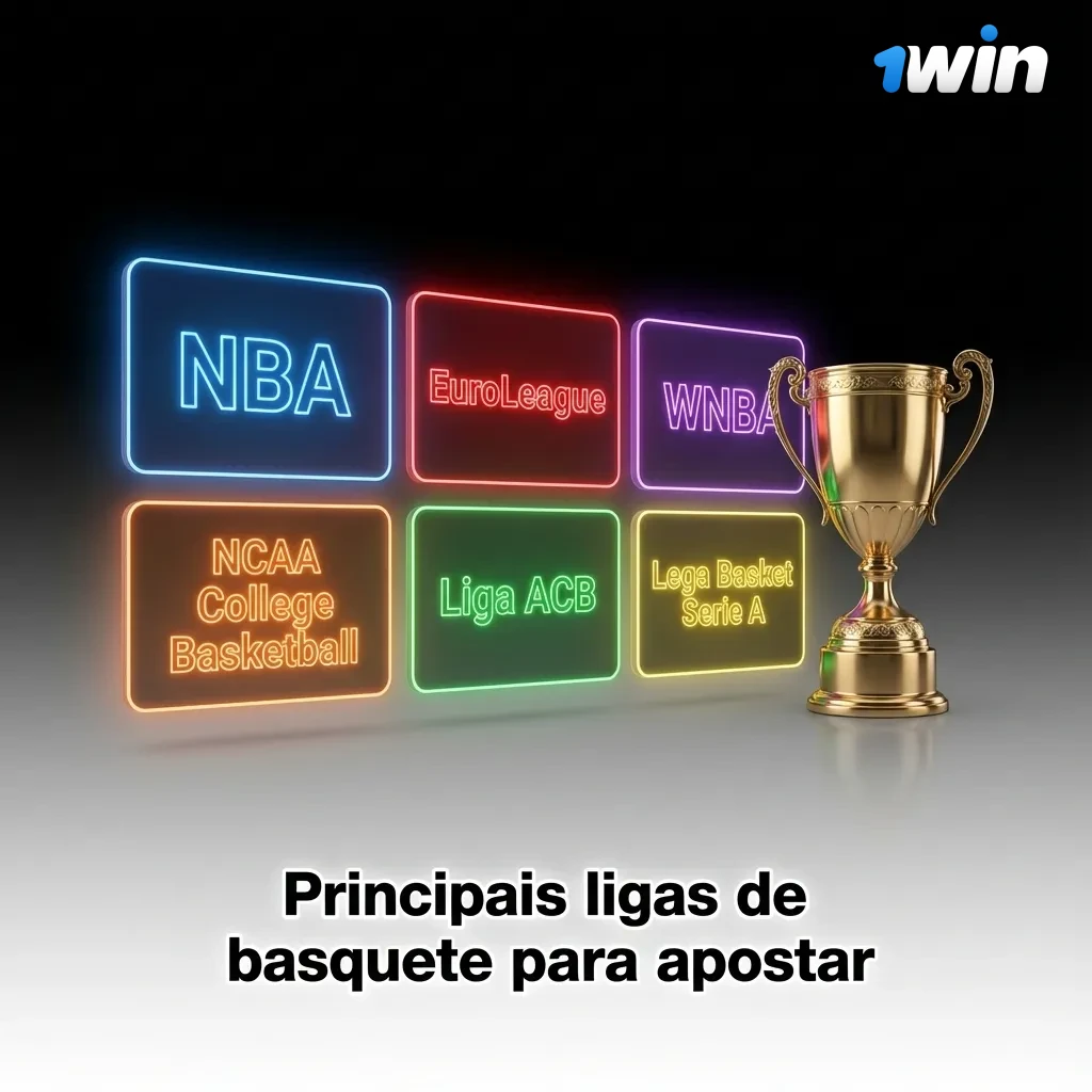 Quadro com ícones de ligas de basquete (NBA, NBB, Euroliga, NCAA e seleções) destacando opções para apostas