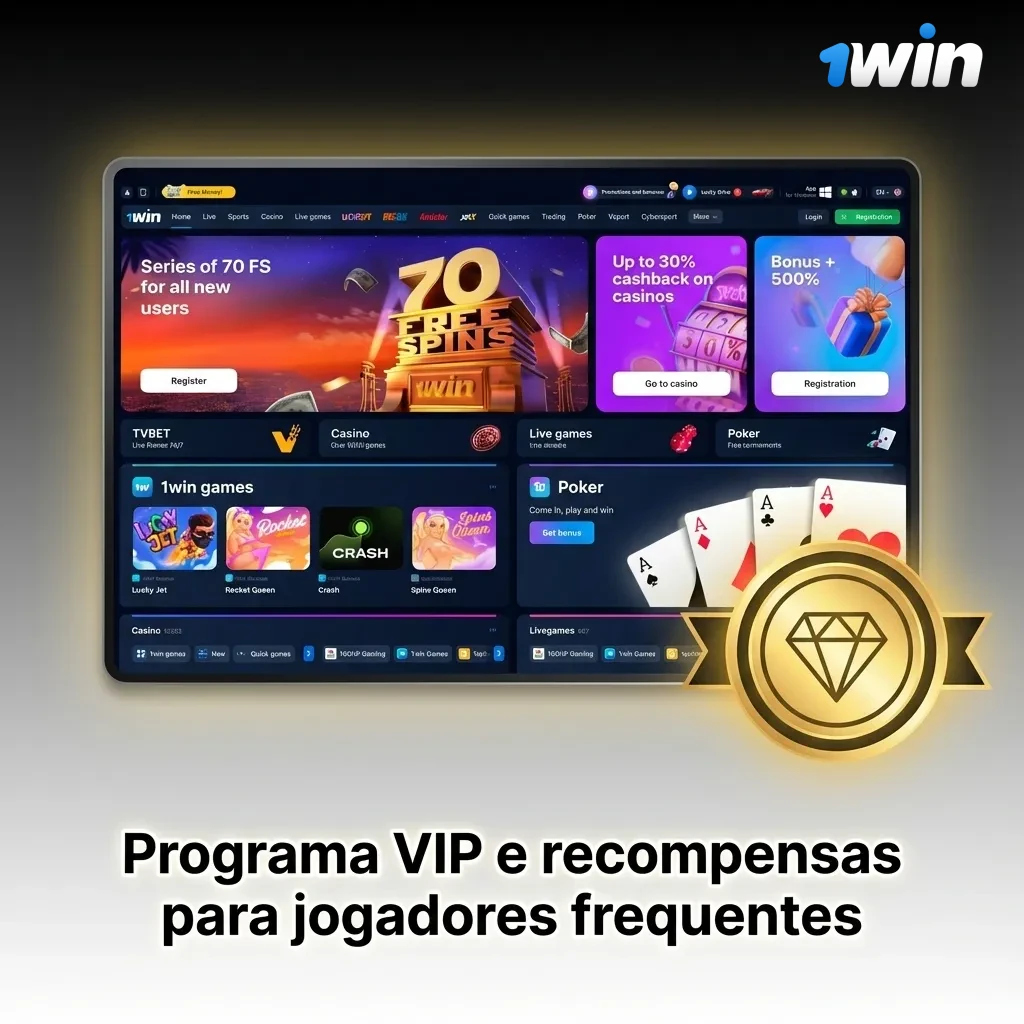 Banner sobre programa VIP 1win Brasil, mostrando jogador recebendo recompensas, bônus e cashback por apostas frequentes