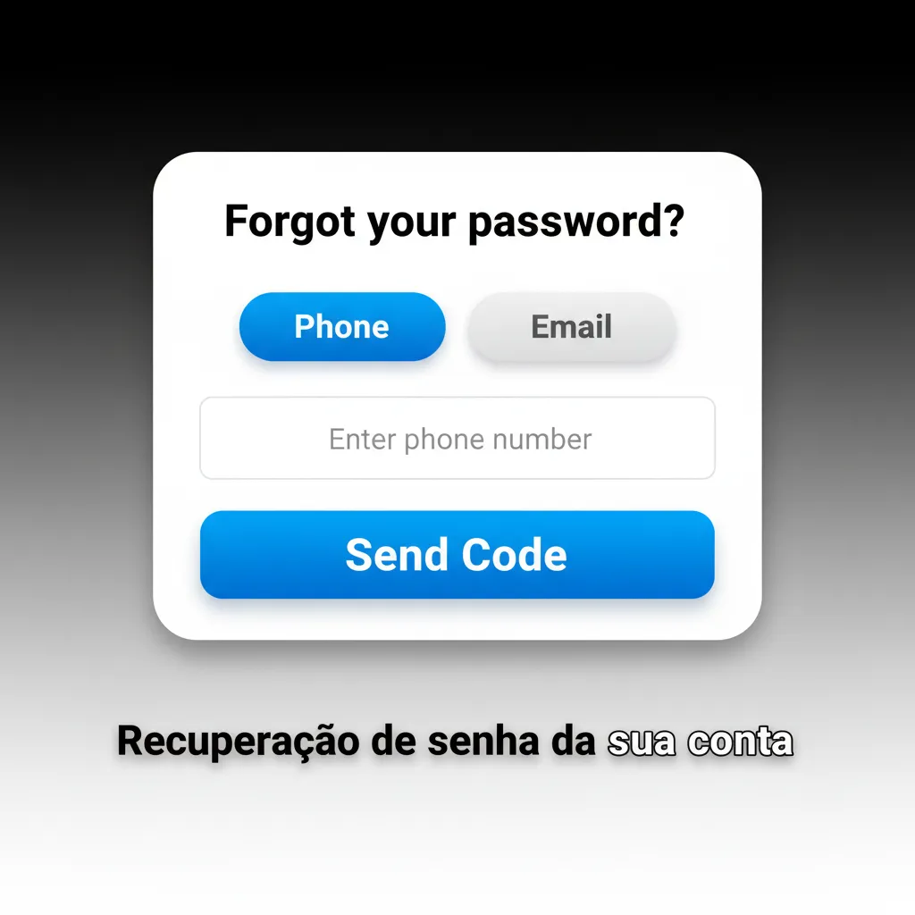 Tela de recuperação de senha com botão Esqueci minha senha, código por e-mail/SMS, criação de nova senha e opção de suporte.