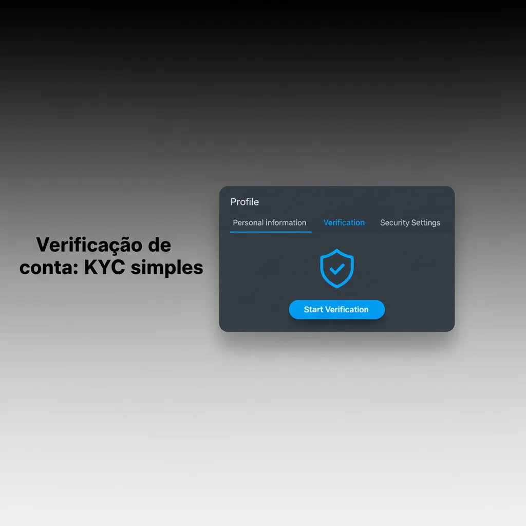 Tela de verificação de conta (KYC) com etapas: perfil, contatos, documentos, análise e status para saques.