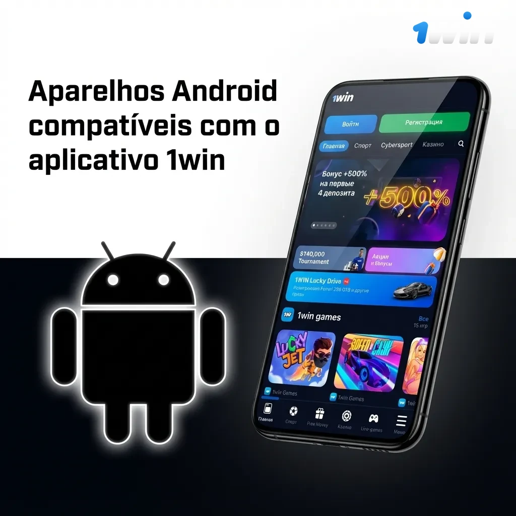 Vários smartphones Android populares exibidos ao lado do logotipo do app 1win, indicando compatibilidade de modelos.