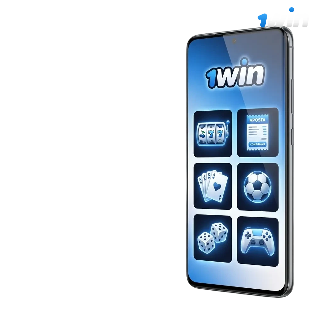 Tela de smartphone exibindo o aplicativo 1win para Android, usado para apostas e jogos de cassino em qualquer lugar