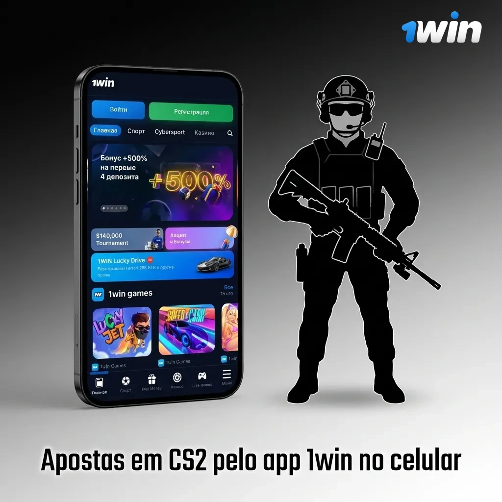Pessoa usando app 1win no celular para apostar em partidas de CS2, com interface de odds e mercados ao vivo na tela