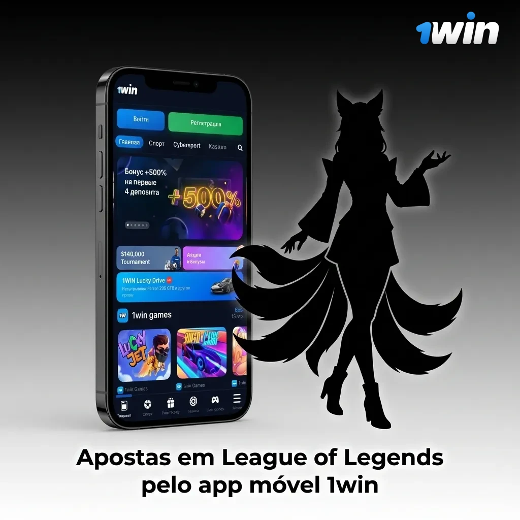 Mão segurando smartphone com app 1win aberto mostrando apostas ao vivo em partidas de League of Legends
