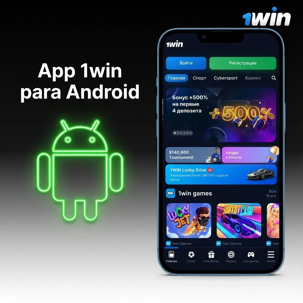 Tela de smartphone Android exibindo o app 1win Brasil com opções de apostas esportivas e cassino