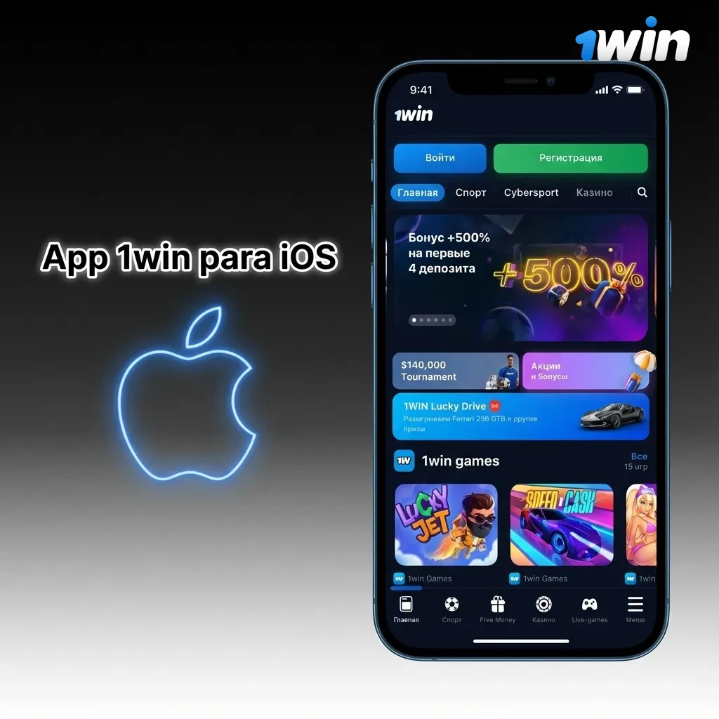 Tela de iPhone exibindo o app 1win Brasil aberto, destacando opções de login, cadastro e apostas esportivas