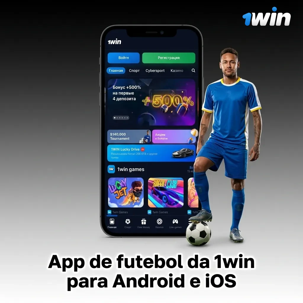 Tela mostrando o app de apostas de futebol 1win em smartphones Android e iOS, com interface de jogos e apostas ao vivo.