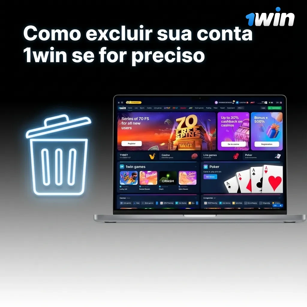 Ilustração em português mostrando passo a passo para excluir ou suspender conta 1win por controle de jogo e gastos