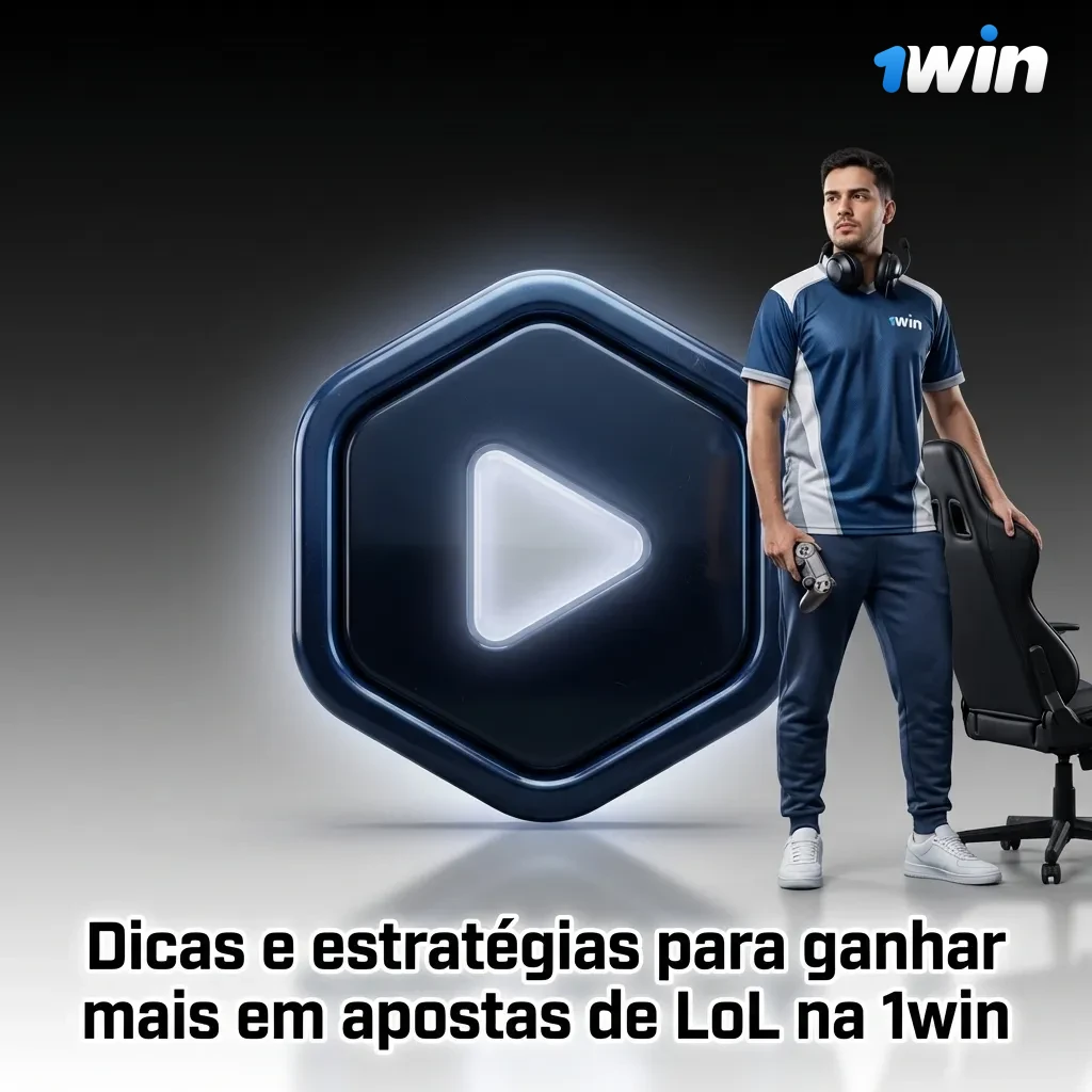 Banner em português da 1win com dicas estratégicas para apostar com responsabilidade em partidas de League of Legends
