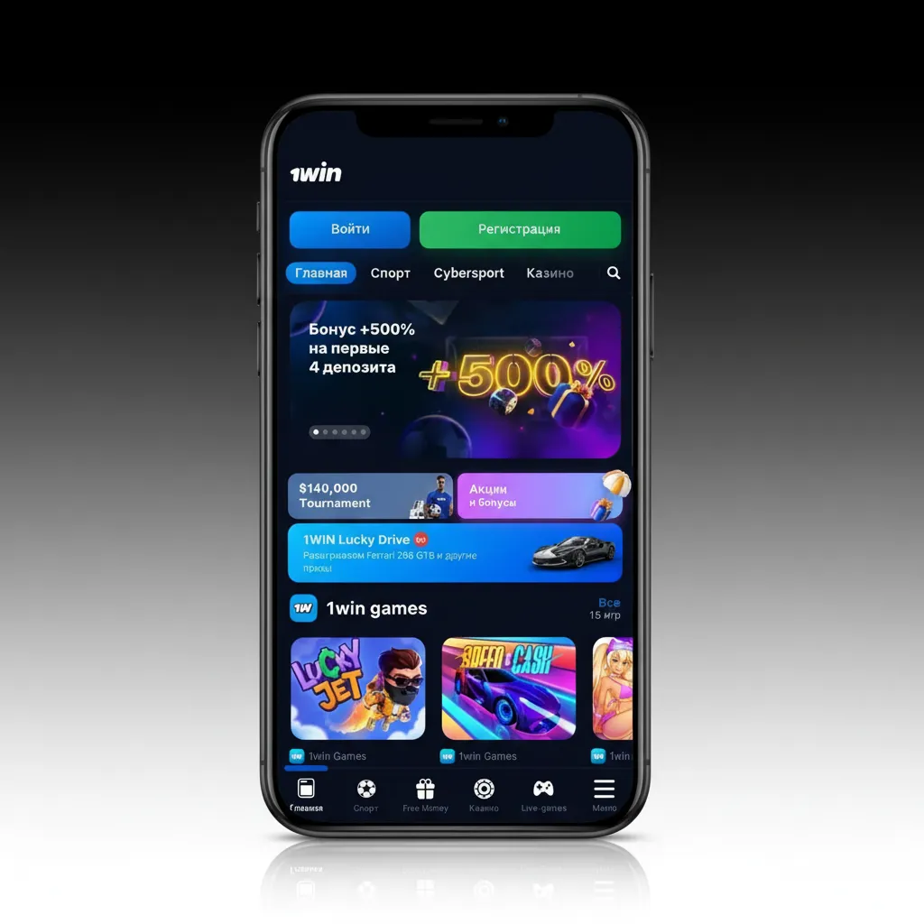 App 1win: menus fixos Esportes, Ao Vivo e Cassino; bilhete com odds, potencial de ganho e status em tempo real.