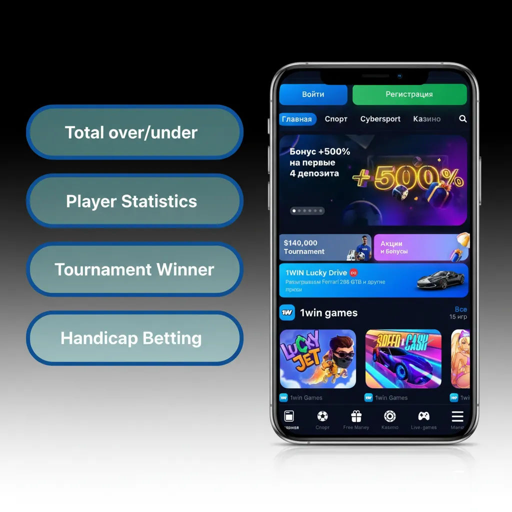 Infográfico do app 1win mostrando tipos de apostas: simples, dupla/tripla, acumulada, handicap asiático e total over/under.
