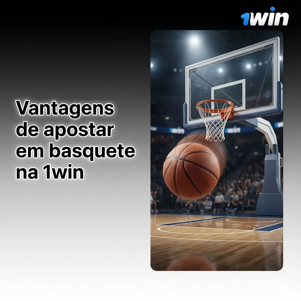 Banner da 1win destacando vantagens de apostar em basquete, com ícones de ligas, mercados, app móvel e pagamentos em reais