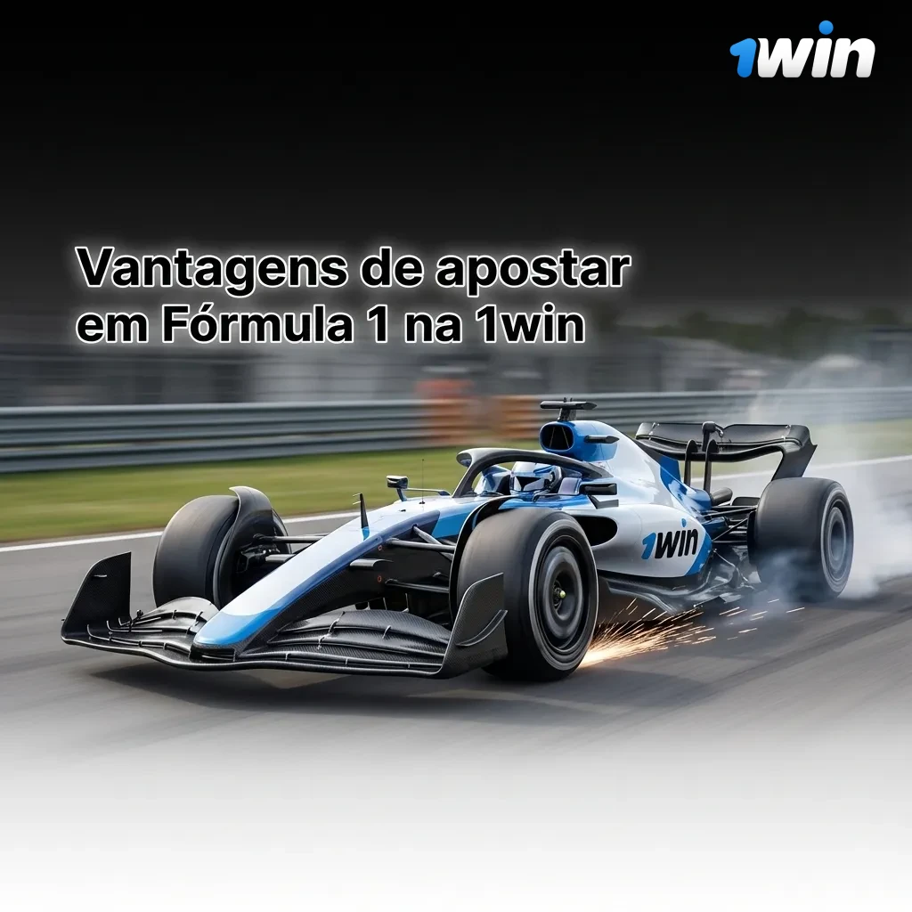 Banner da 1win destacando vantagens de apostar em Fórmula 1, com ícones de bônus, celular, odds e pagamentos em reais