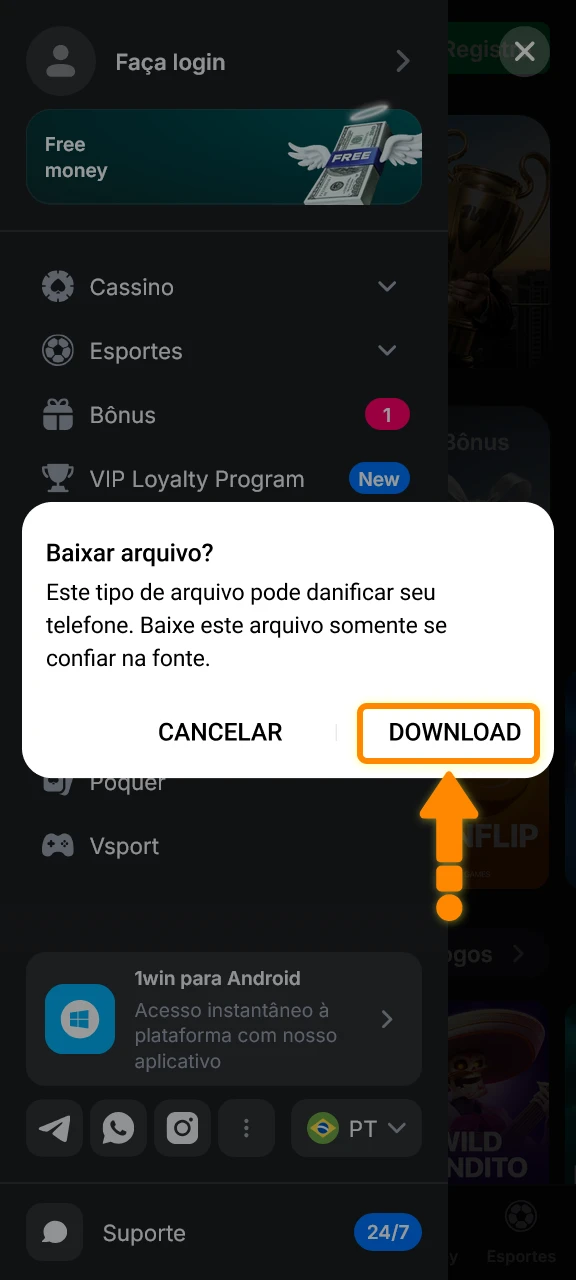 Confirme o download no pop-up para obter o aplicativo Android 1win.