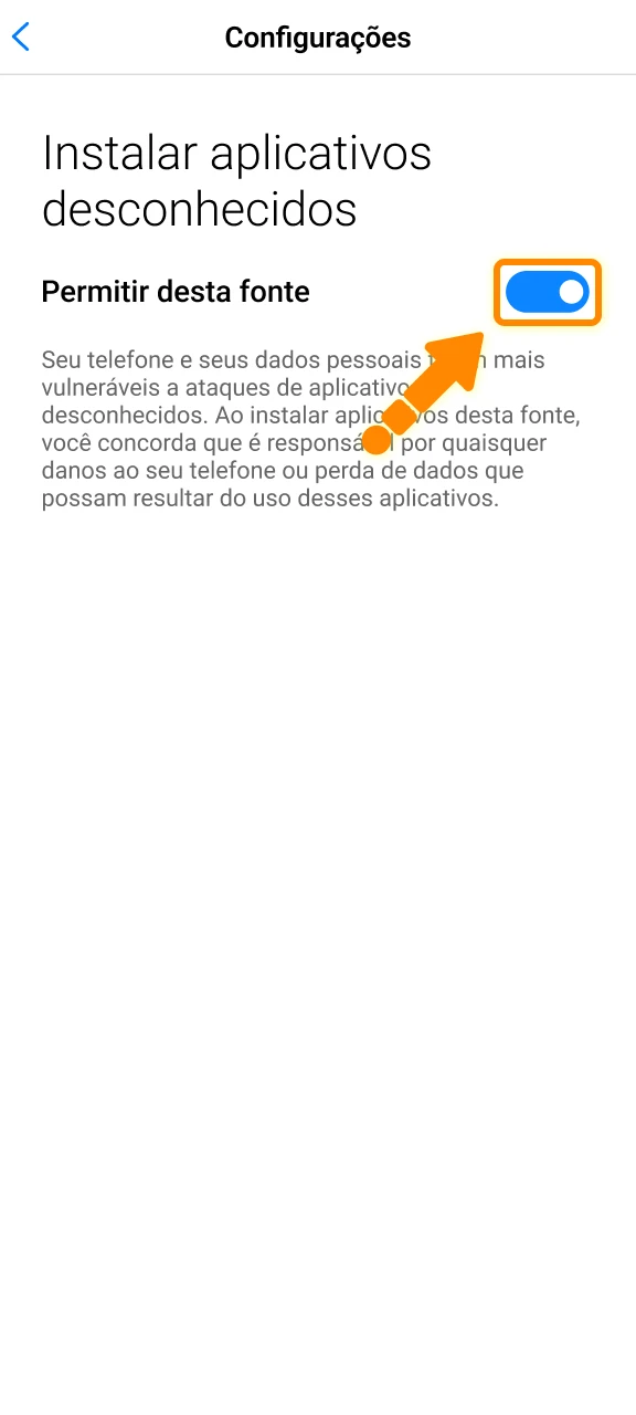 Permita a instalação de fontes desconhecidas nas configurações do Android 1win.