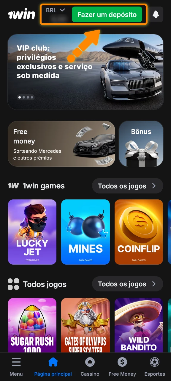 Acesse o menu de depósito ou caixa para adicionar saldo para jogar na 1win.