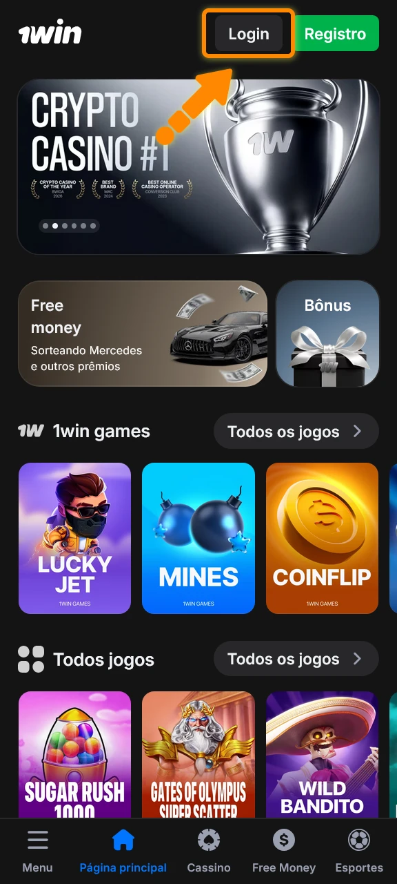 Entre na sua conta pelo app via navegador para realizar o seu depósito na 1win.