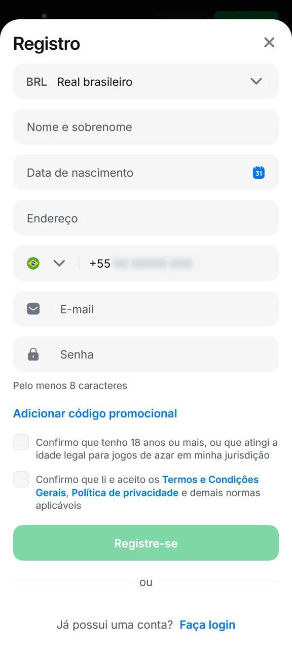 Crie sua conta preenchendo o formulário de cadastro na 1win rapidamente.