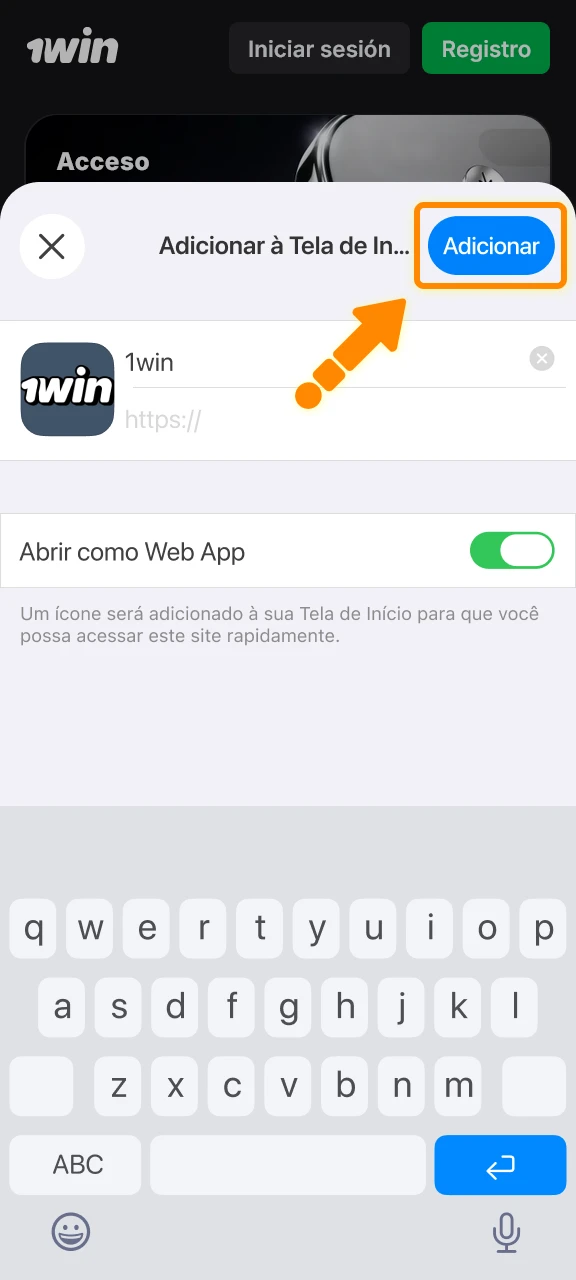 Confirme a instalação do atalho 1win para acessar os jogos rapidamente.