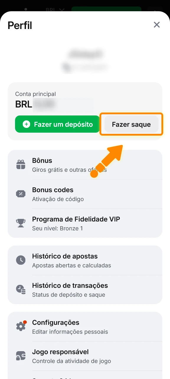 Acesse a área de saques na plataforma móvel 1win para transferir fundos.