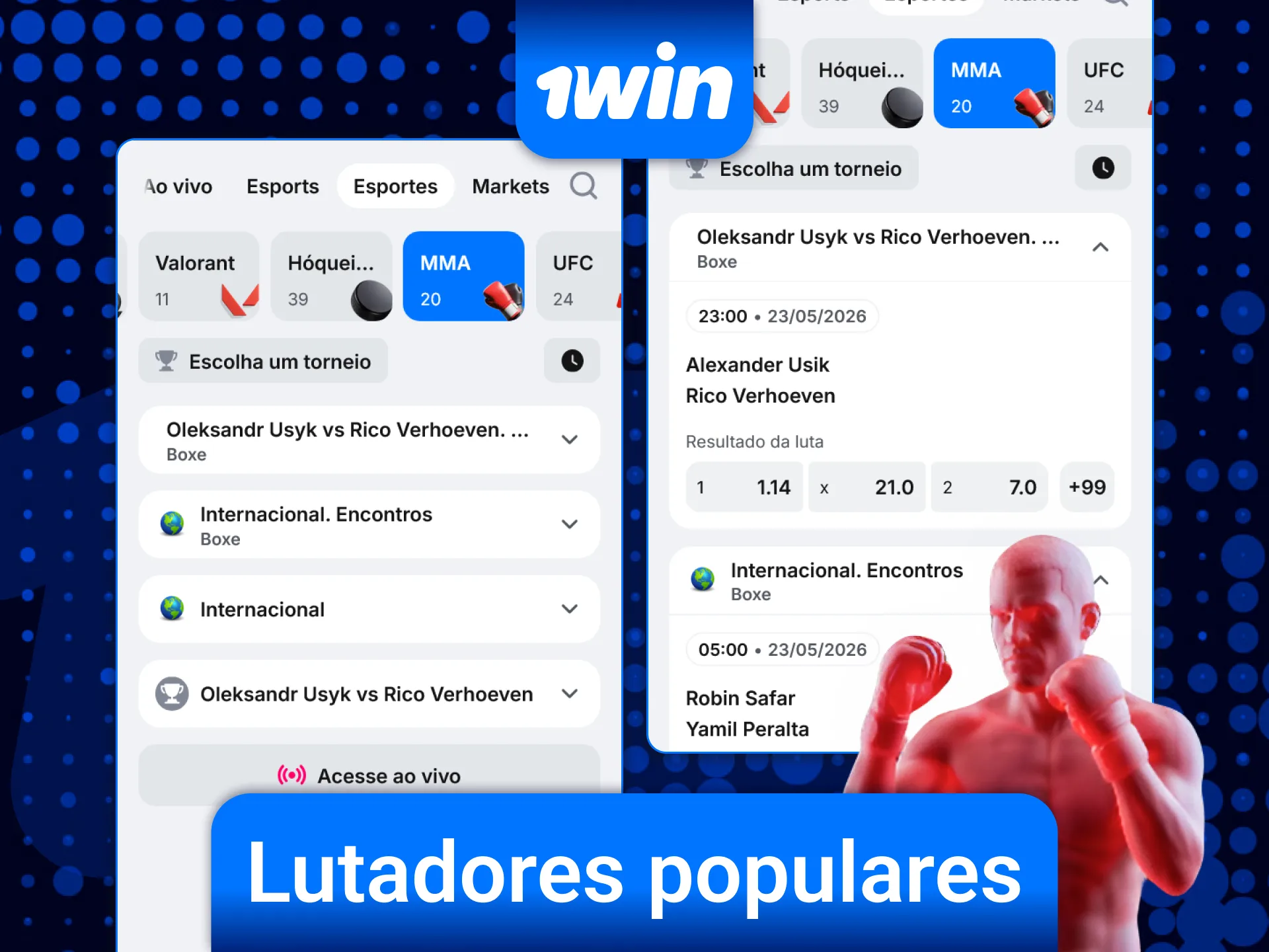 Escolha os lutadores de MMA mais populares e faça sua aposta certeira na 1win.