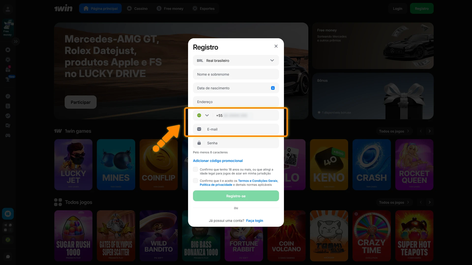 Selecione o método de registro cadastro 1win mais conveniente para você.