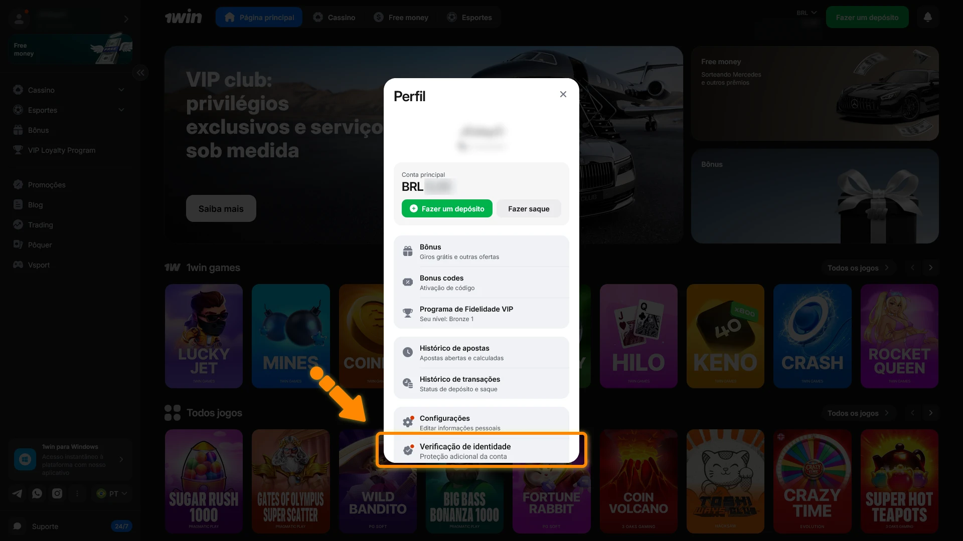 Abra a seção de verificação no perfil da sua conta 1win Brasil.