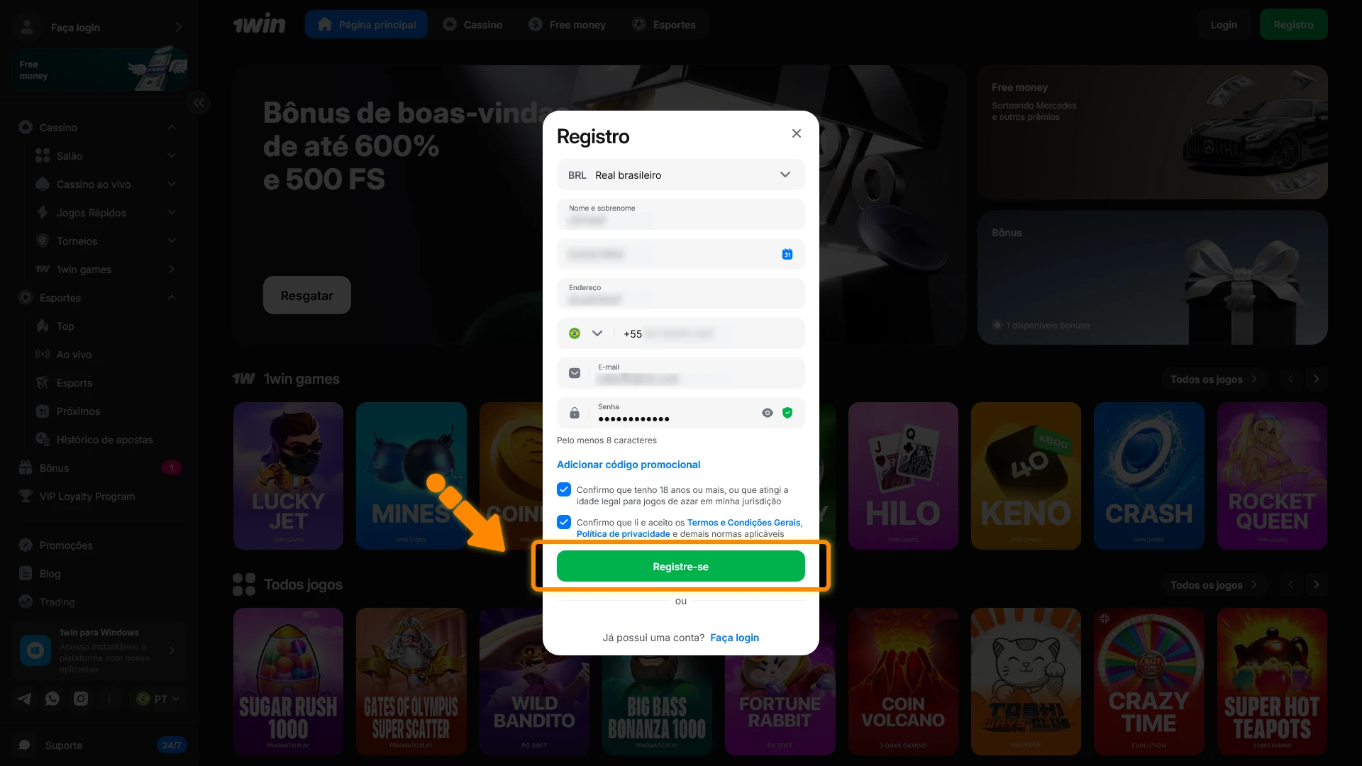 Acesse sua conta e faça o primeiro depósito após o cadastro 1win.