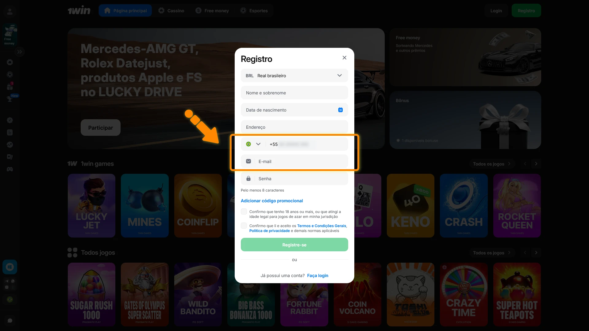 Escolha o método de registro cadastro 1win mais conveniente para você.