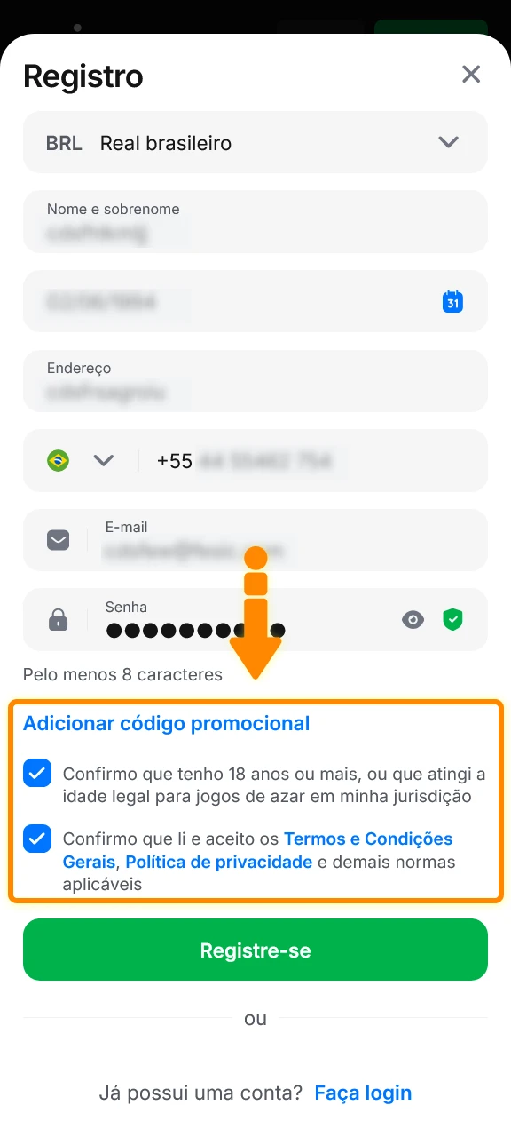 Confirme o envio do formulário de Cadastro para jogar no app 1win.