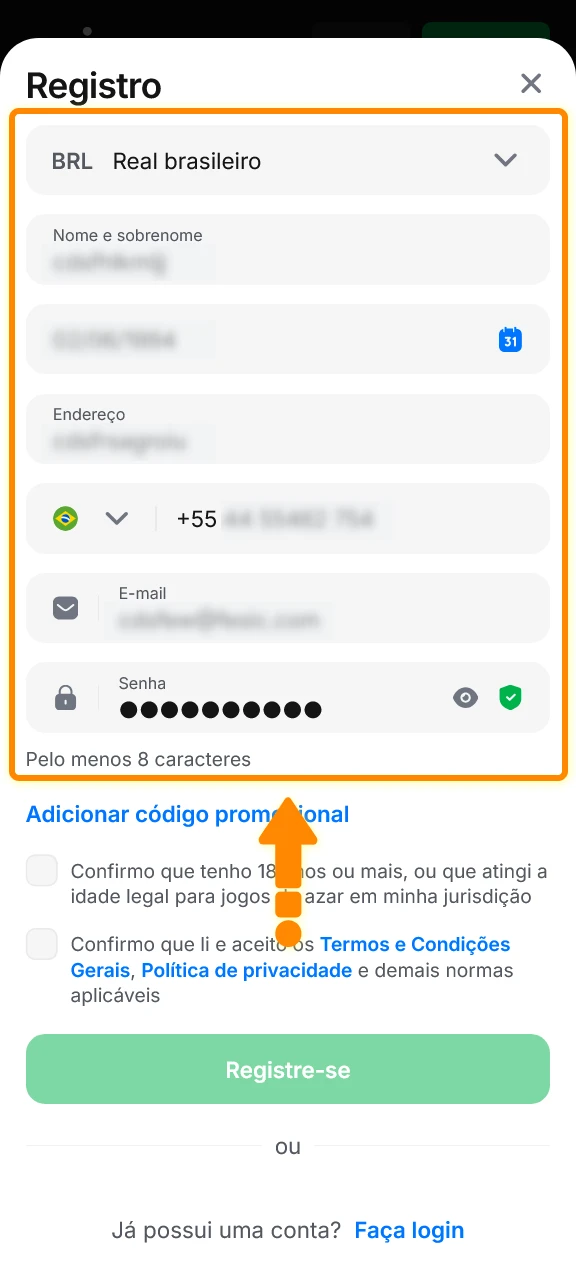 Preencha os dados do formulário para finalizar seu Cadastro no app 1win.