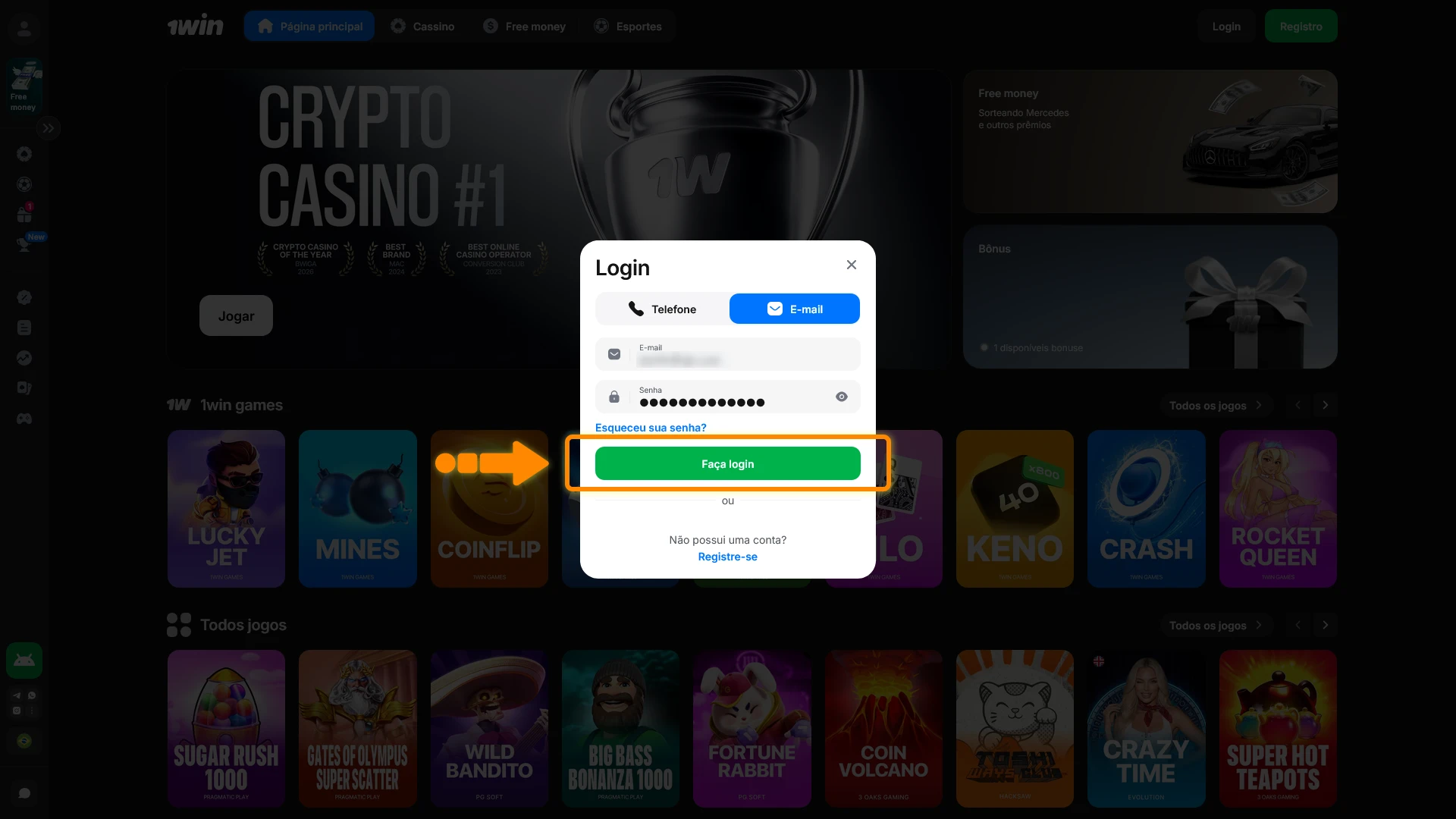 Confirme a entrada na conta e finalize o login 1win com sucesso.