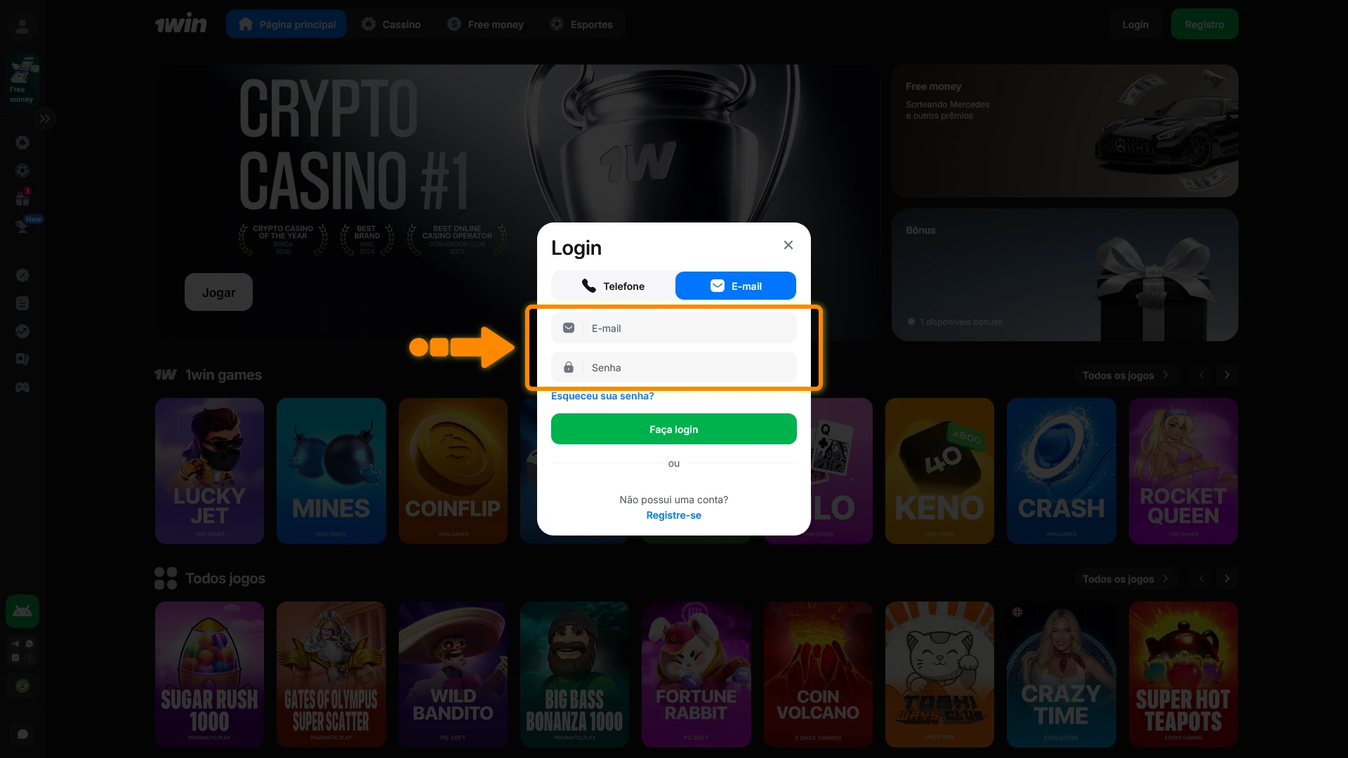 Informe seus dados de acesso no login 1win para entrar no site.