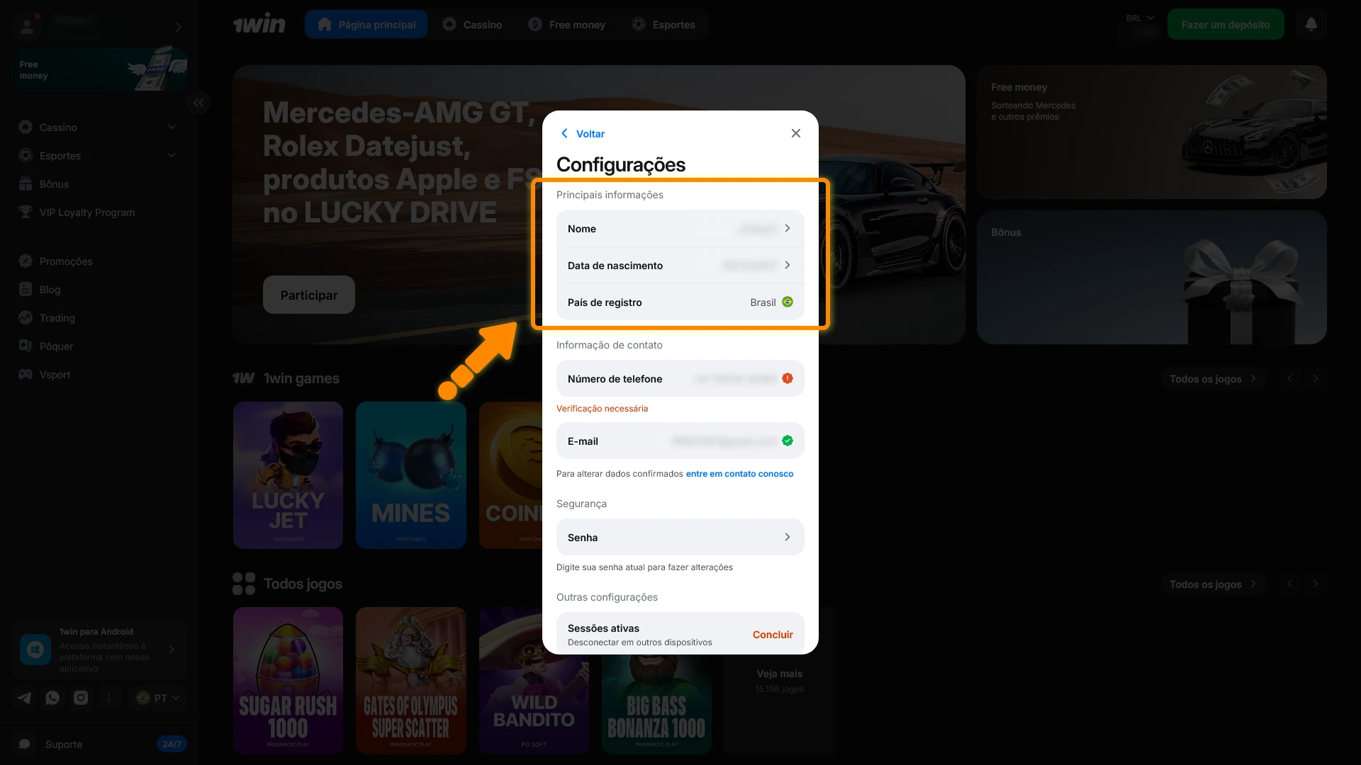 Comece o processo de verificação de conta 1win completando todos os dados do seu perfil.