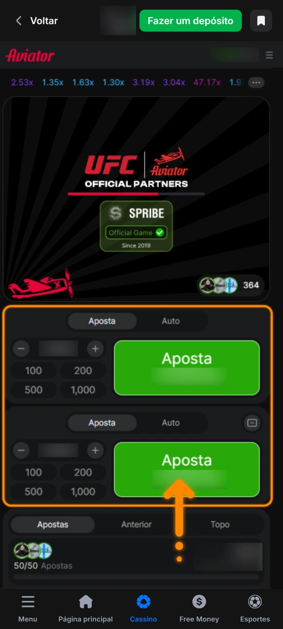 Escolha a quantia que deseja apostar no Aviator pela 1win.