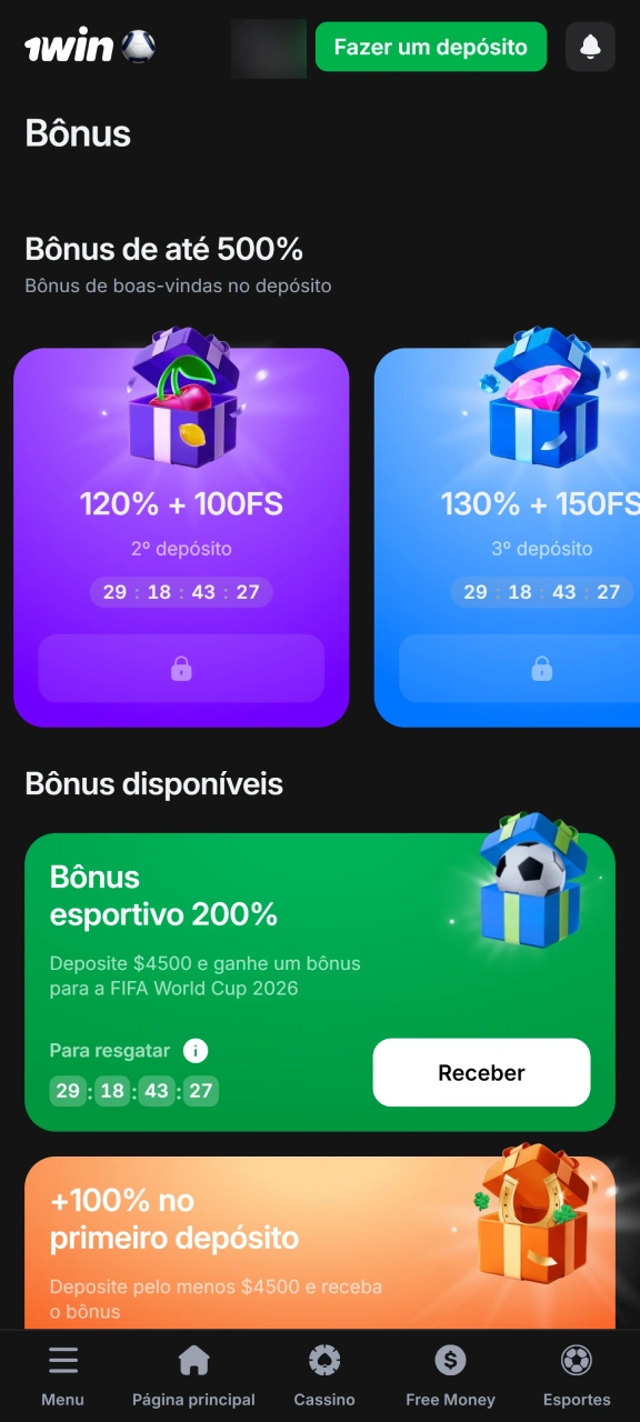 Aproveite os bônus nos próximos três depósitos que fizer na 1win.