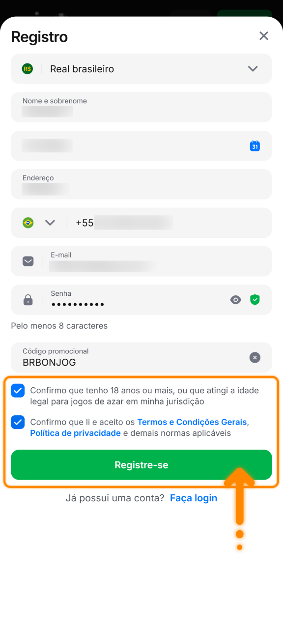 Aceite as diretrizes gerais e registre seu novo perfil na 1win.