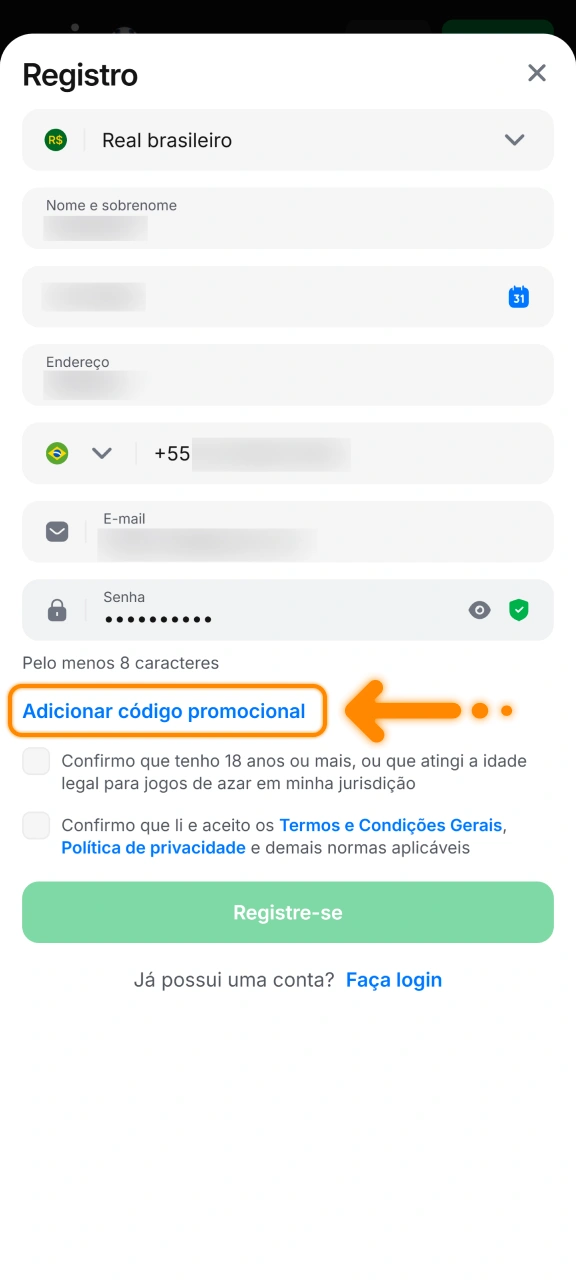 Ative o formulário de código de cupom no site da 1win.