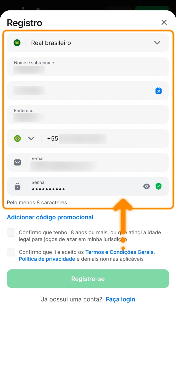 Insira suas informações de contato para criar seu perfil na 1win.