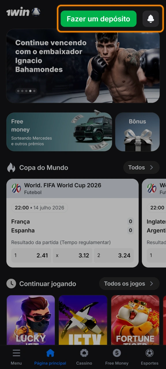 Acesse sua conta e abra a área financeira na 1win.