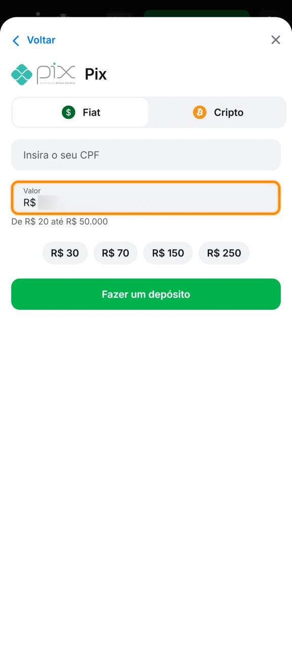 Defina o valor que deseja depositar para jogar na 1win.