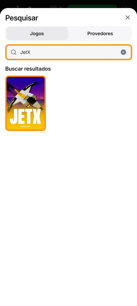 Busque pelo jogo crash JetX no menu principal da plataforma 1win.