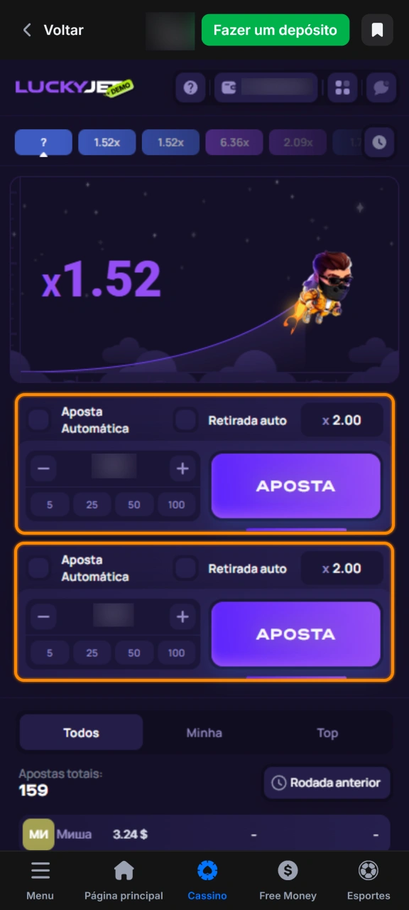 Ajuste o valor do seu palpite no Lucky Jet pela 1win.